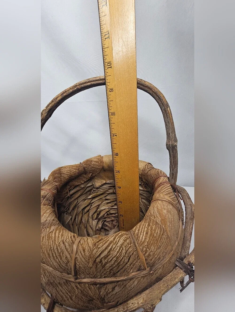 Vintage Rustic Folk Art Basket Natural Coconut Palm Spathe Fiber Grapevine Vine